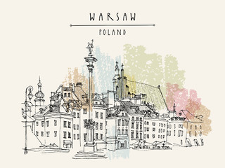 Castle Square in Warsaw. King Sigismund's Column (Kolumna Zygmunta), St. John's Archicathedral. Vintage travel hand drawn postcard - obrazy, fototapety, plakaty
