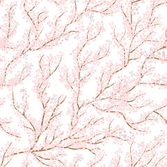 Background seamless pattern with sakura tree. Beautiful Japanese background with pink sakura blossom on a white background- Japanese cherry tree.Vector illustration
