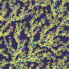 Background seamless pattern with sakura tree. Beautiful Japanese background with yellow sakura blossom on a violet background- Japanese cherry tree.Vector illustration