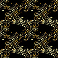 Abstract wavy floral paisley seamless pattern. Vector black background with vintage hand drawn gold paisley flowers, stripes, lines, curves, leaves, wave shapes. Modern ornament. Surface ornate design