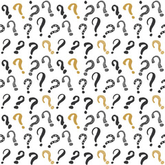 Questions marks seamless pattern. Hand drawn sketched doodle signs, grunge textured retro background. Vintage typography design print, vector illustration