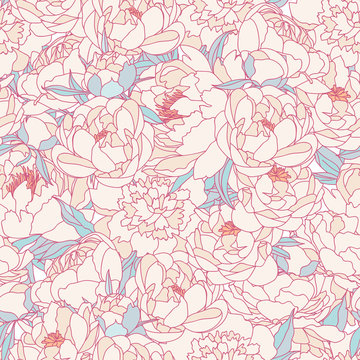 Seamless vector background with beautiful pattern of peonies. Romantic background in vintage style.
