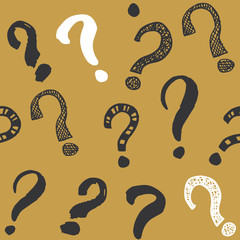 Questions marks seamless pattern. Hand drawn sketched doodle signs, grunge textured retro background. Vintage typography design print, vector illustration