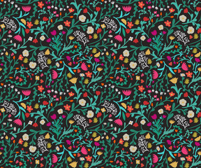 Meadow. Wildflowers pattern. Hand drawn Floral pattern. Seamless vector texture. Elegant template for fashion prints. Surface with meadow flowers and herbs. Dark background.