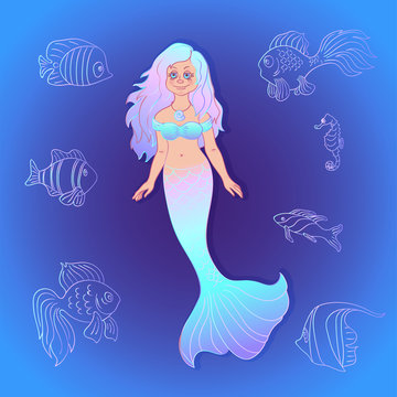 Vector pretty mermaid with sea fishes cartoon style.