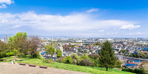 新緑の丘と住宅街