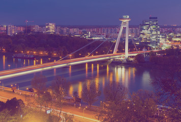 UFO Bridge in night light of Bratislava