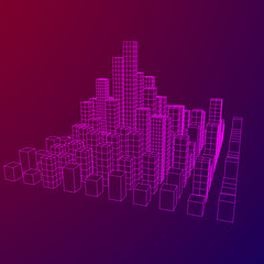 Mesh low poly wireframe cubes array like skyscraper city. Connected lines town. Connection Box Structure. Digital Data Visualization Concept. Vector Illustration.