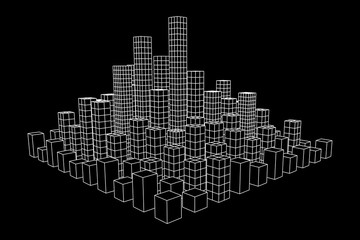 Mesh low poly wireframe cubes array like skyscraper city. Connected lines town. Connection Box Structure. Digital Data Visualization Concept. Vector Illustration.