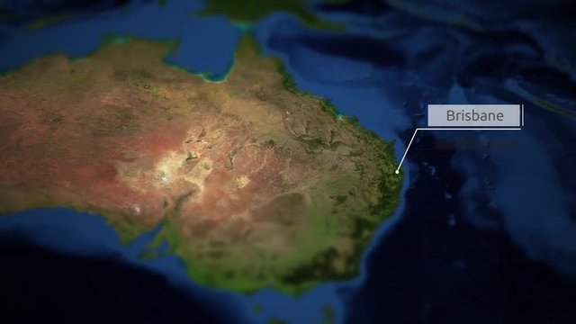 Camera pans over map of Australia with indicator - Brisbane
