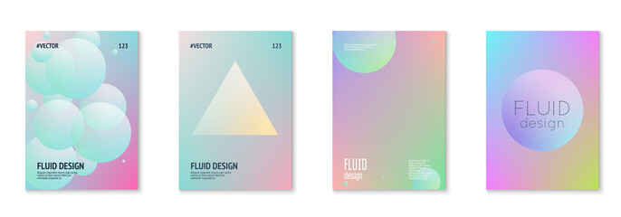 Minimal shapes cover set with holographic fluid. Gradient shapes on vibrant background. Modern hipster template for placard, presentation, banner, flyer, brochure. Minimal shapes cover in neon colors.