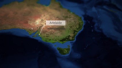   Camera pans over map of Australia with indicator - Adelaide - image courtesy of NASA