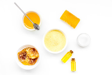 Honey as product for body, face and hair care. Cosmetics with honey. White background top view copy space