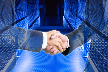 Businessman shaking hand about science modern technology.  Double exposure photo for background.