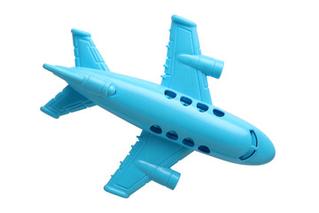 Naklejka premium niebieski plastikowa zabawka samolot na białym tle