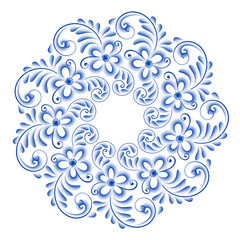 Isolated blue round floral gzhel decoration