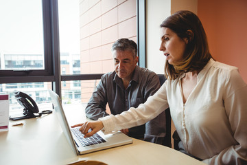 Woman discussing with colleague over laptop