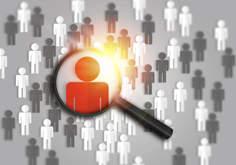 Searching for the best job candidate and people finder concept looking for the right person to stand out from the crowd.  Top pick and best choice for fitting the skillset that HR is looking for.