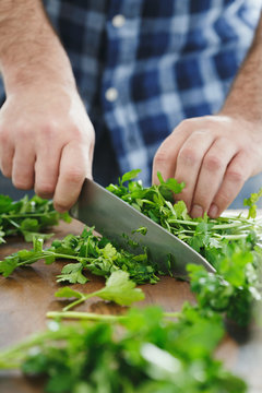 Male hands chopping fresh parsley close up