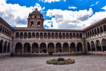 Fototapeta na wymiar CUSCO, PERU - March 31, 2018: Convent of Santo Domingo Courtyard at Qoricancha Inca Ruins - Cusco, Peru