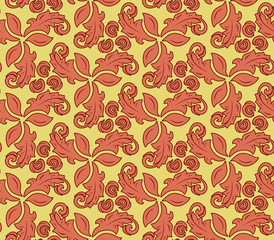 Floral vector red and golden ornament. Seamless abstract classic background with flowers. Pattern with repeating floral elements. Ornament for fabric, wallpaper and packaging