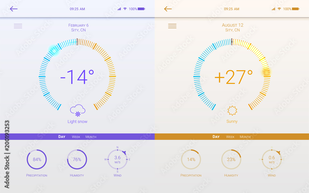 Aufkleber ui of page of weather for mobile app. template of winter and summer layouts for mobile apps. page of