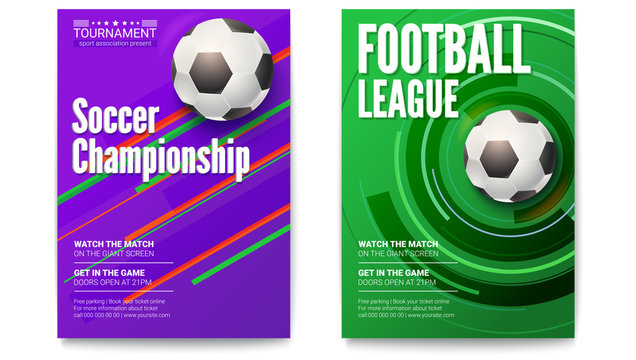 Posters of tournament football or soccer league. Ball on graphics background. Design of banner for sport events. Template of advertising for championship of soccer or football, 3D illustration.