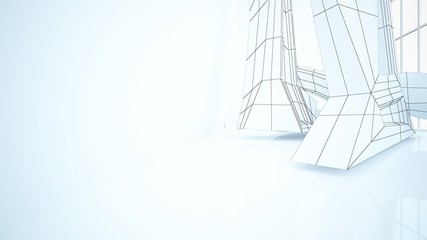 Abstract drawing white parametric interior  with window. Polygon colored drawing. 3D illustration and rendering.