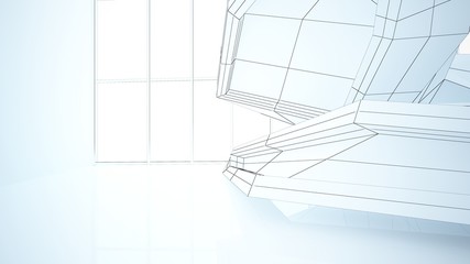 Abstract drawing white parametric interior  with window. Polygon colored drawing. 3D illustration and rendering.
