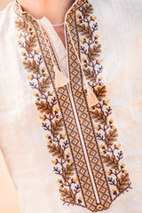 white flax shirt with ornament of leaves for a man
