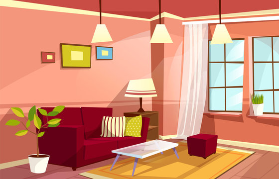 Vector cartoon living room interior background template. Cozy house apartment concept. Illustration with sofa pillow, bedside table with lamp, bookshelf, carpet plant in pot at window pictures at wall