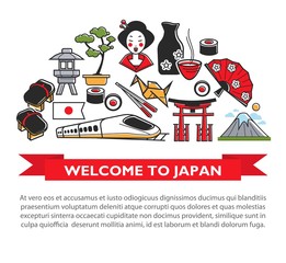Welcome to Japan travel poster of Japanese culture famous sightseeing landmarks and attractions icons