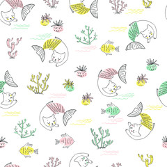 Materiał do szycia Cute little cat mermaid seamless pattern. Textured illustration