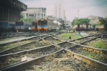 Fototapeta premium Railway track, line crossing railway track in railway station background.