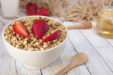 Muesli with strawberries.Granola.Healthy breakfast.