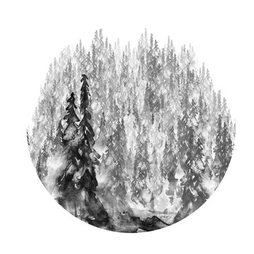 Watercolor picture of a coniferous forest, black silhouette of trees, pine, spruce, cedar. Abstract splash of black paint. On a white background. Round watercolor logo. 