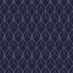 Das geometrische Muster mit Wellenlinien, Punkten. Nahtloser Vektorhintergrund. Blaue und goldene Textur