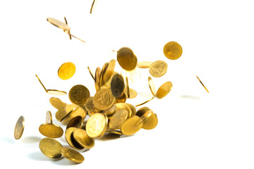 Falling gold coins money isolated on the white background, business money and finance concept.