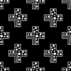 Obraz premium Seamless vector pattern. Black and white geometrical background with hand drawn decorative tribal elements. Print with ethnic, folk, traditional motifs. Graphic vector illustration.