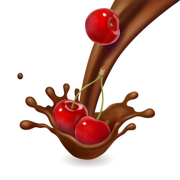 Cherry fruit in melted chocolate splash isolated