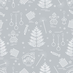Winter seamless pattern with variety Christmas elements:  tree, balls, petard, sparkler, gingerbread man, gingerbread house, bell, gifts, stars.