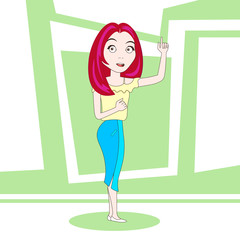 Cute Young Woman In Fashion Clothes Point Finger Up Cartoon Character Vector Illustration