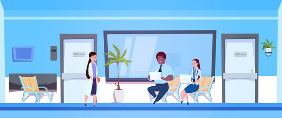 Doctor Female Giving Results Of Diagnosis And Examination To Man And Woman In Hospital Flat Vector Illustration