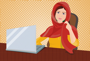 Arab Business Woman In Traditional Clothes Working At Laptop Computer Over Retro Comic Background Vector Illustration