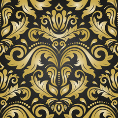 Classic seamless vector pattern. Damask orient ornament. Classic vintage black and golden background. Orient ornament for fabric, wallpaper and packaging