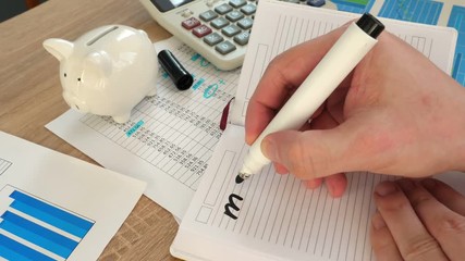 Hands writing my financial goals in a note pad.  Business planning.