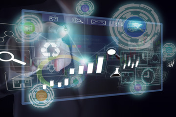 Businessman wearing suit hand pointing on a touch virtual screen interface icon connection , concept business connection