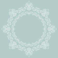 Oriental vector round frame with arabesques and floral elements. Floral white round border with vintage pattern. Greeting card with place for text