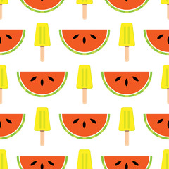 Vector seamless summer theme background with fruits and ice cream. Stylish bright background.