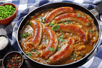 close-up of juicy fried hot sausages